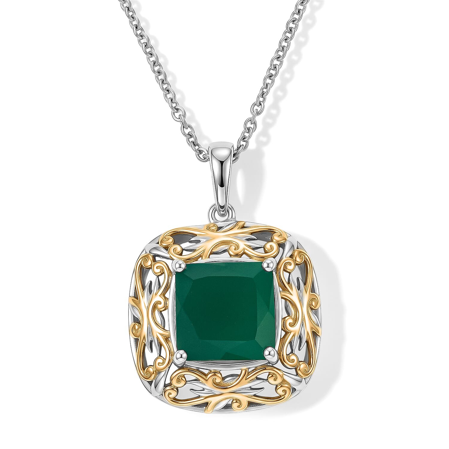 EverTrue Green Onyx 5.00 ctw Pendant in 18K YG Plated and Platinum Bond with Stainless Steel Necklace 20 Inches