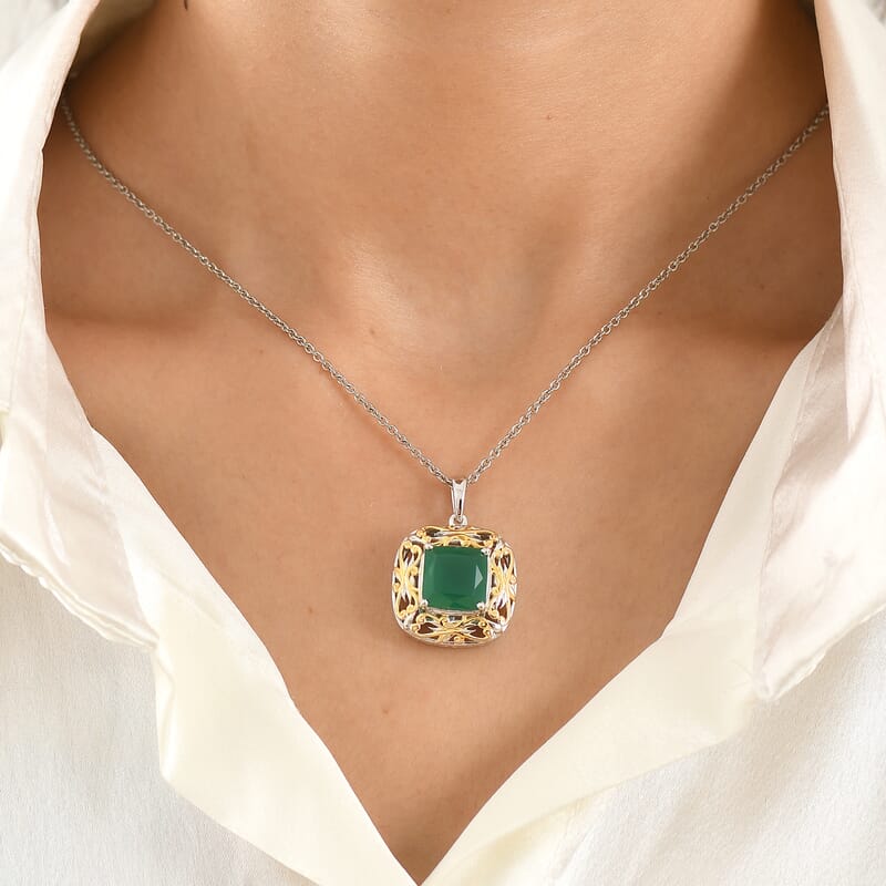 EverTrue Green Onyx 5.00 ctw Pendant in 18K YG Plated and Platinum Bond with Stainless Steel Necklace 20 Inches