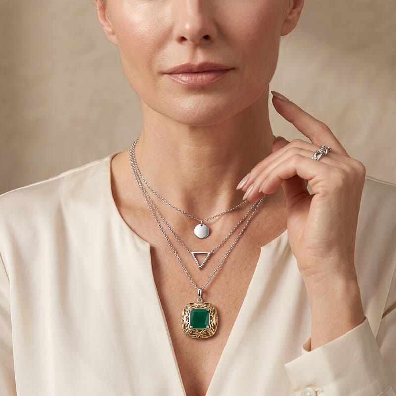 EverTrue Green Onyx 5.00 ctw Pendant in 18K YG Plated and Platinum Bond with Stainless Steel Necklace 20 Inches