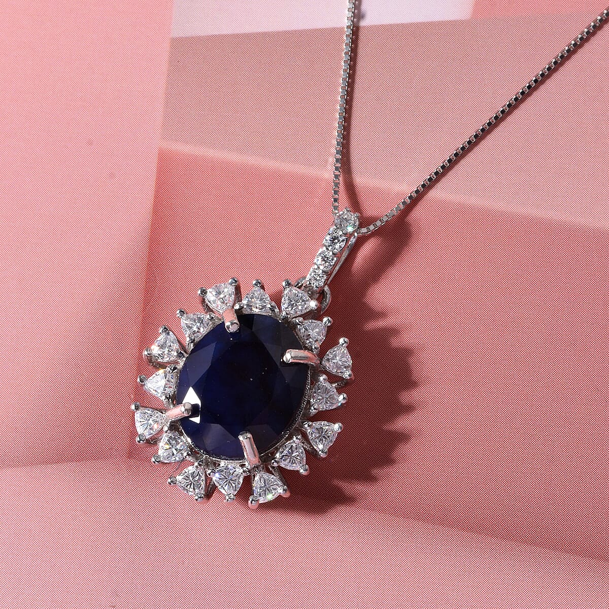 D'Joy Premium Kanchanaburi Blue Sapphire (DF) and Moissanite 8.20 ctw Sunburst Pendant Necklace in Rhodium Over Sterling Silver 18 Inches  image number 1