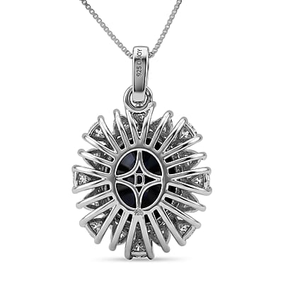 D'Joy Premium Kanchanaburi Blue Sapphire (DF) and Moissanite 8.20 ctw Sunburst Pendant Necklace in Rhodium Over Sterling Silver 18 Inches