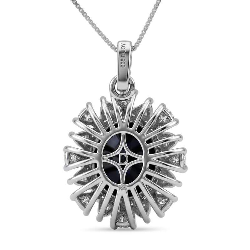 D'Joy Premium Kanchanaburi Blue Sapphire (DF) and Moissanite 8.20 ctw Sunburst Pendant Necklace in Rhodium Over Sterling Silver 18 Inches
