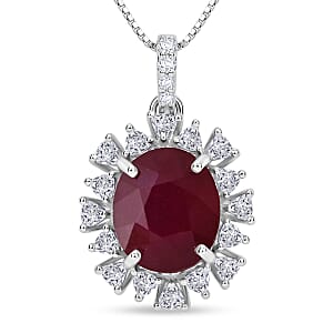 D'Joy Premium Niassa Ruby (FF) and Moissanite 8.20 ctw Sunburst Pendant Necklace in Rhodium Over Sterling Silver 18 Inches 