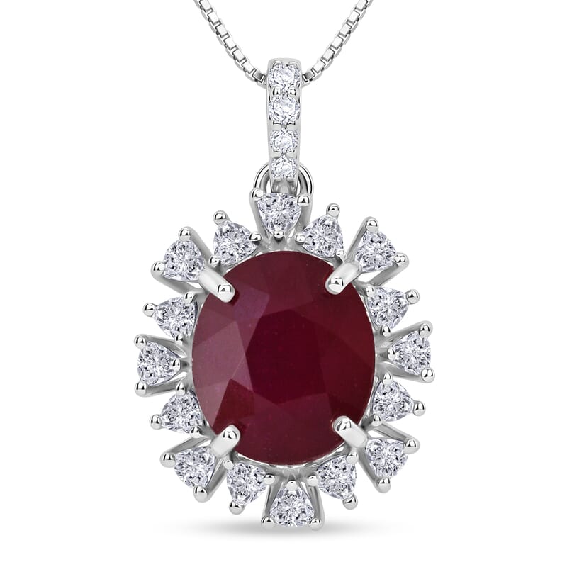 D'Joy Premium Niassa Ruby (FF) and Moissanite 8.20 ctw Sunburst Pendant Necklace in Rhodium Over Sterling Silver 18 Inches
