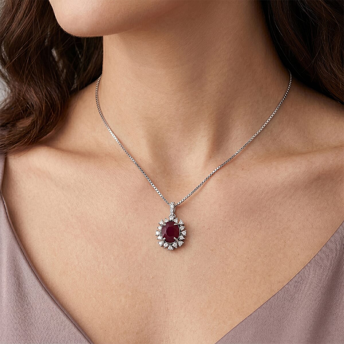 D'Joy Premium Niassa Ruby (FF) and Moissanite 8.20 ctw Sunburst Pendant Necklace in Rhodium Over Sterling Silver 18 Inches  image number 2