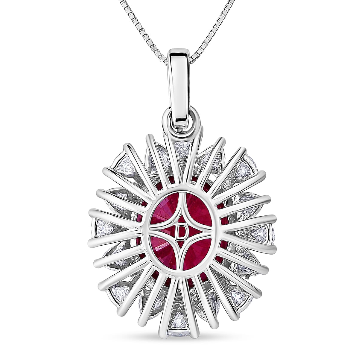 D'Joy Premium Niassa Ruby (FF) and Moissanite 8.20 ctw Sunburst Pendant Necklace in Rhodium Over Sterling Silver 18 Inches  image number 4