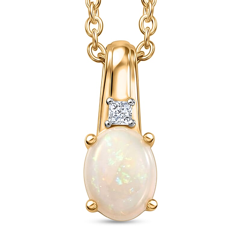 D'Joy Natural Australian Opal and Moissanite 0.80 ctw Pendant in 14K YG Over Sterling Silver with ION Plated YG Stainless Steel Necklace (20 Inches)