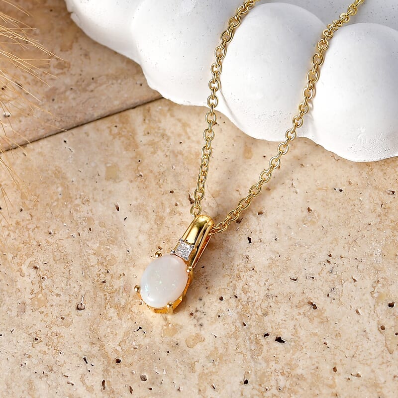 D'Joy Natural Australian Opal and Moissanite 0.80 ctw Pendant in 14K YG Over Sterling Silver with ION Plated YG Stainless Steel Necklace (20 Inches)