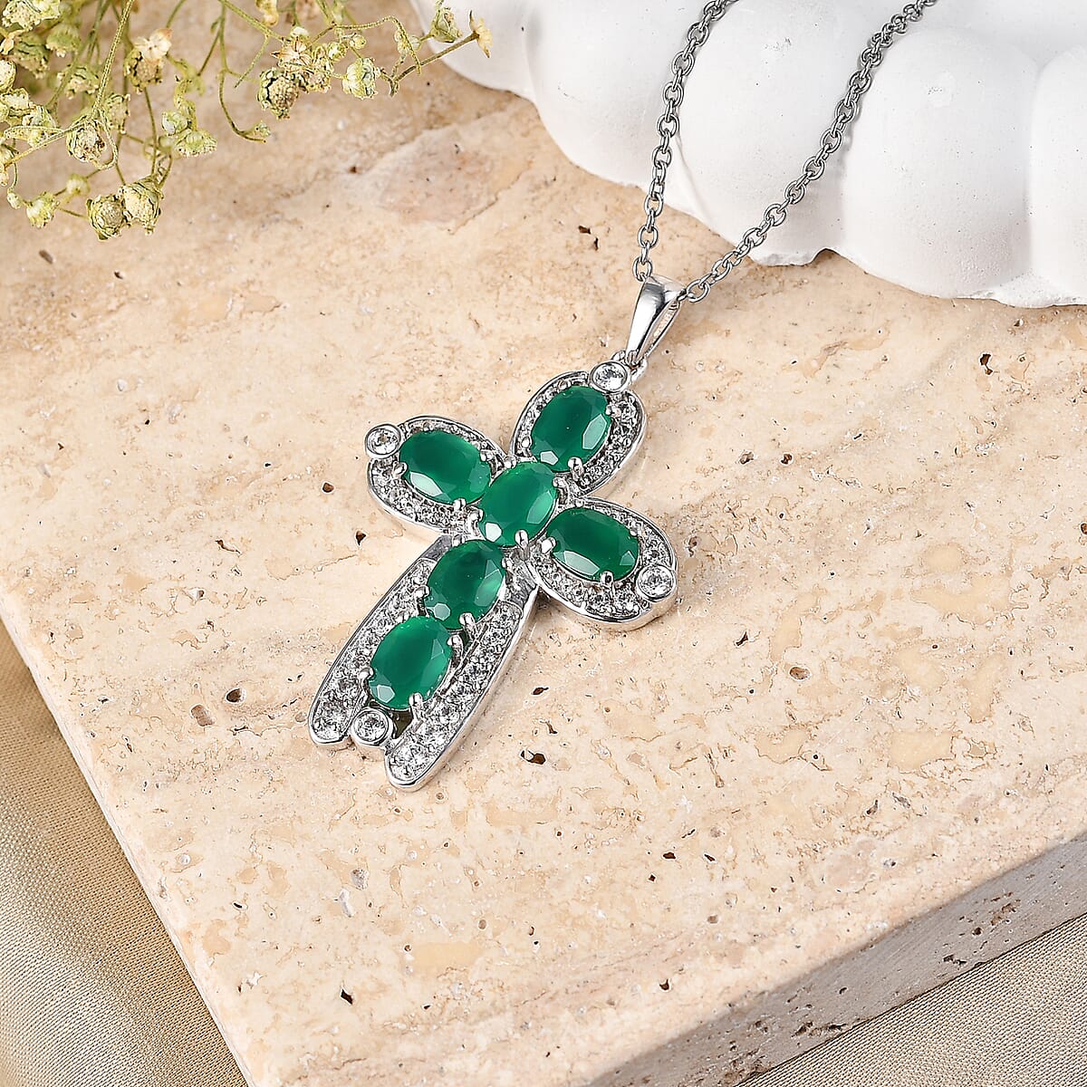 EverTrue Verde Onyx and White Zircon 5.35 ctw Canopy Bloom Pendant in Platinum Bond with Stainless Steel Necklace 20 Inches image number 1