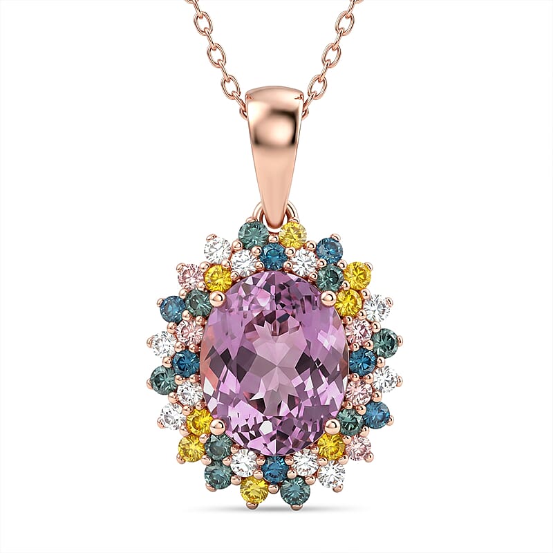 Premium Martha Rocha Kunzite and Luxuriant Lab Grown Multi Diamond SI 4.40 ctw Blush Floral Burst Pendant Necklace in 18K Vermeil Rose Gold Over Sterling Silver 20 Inches