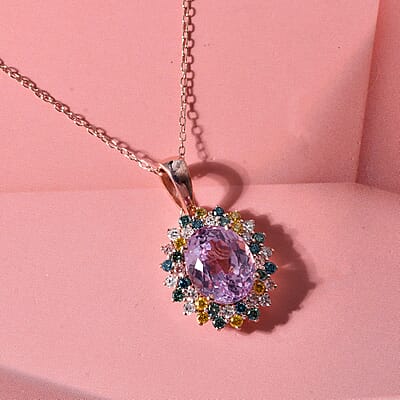 Premium Martha Rocha Kunzite and Luxuriant Lab Grown Multi Diamond SI 4.40 ctw Blush Floral Burst Pendant Necklace in 18K Vermeil Rose Gold Over Sterling Silver 20 Inches