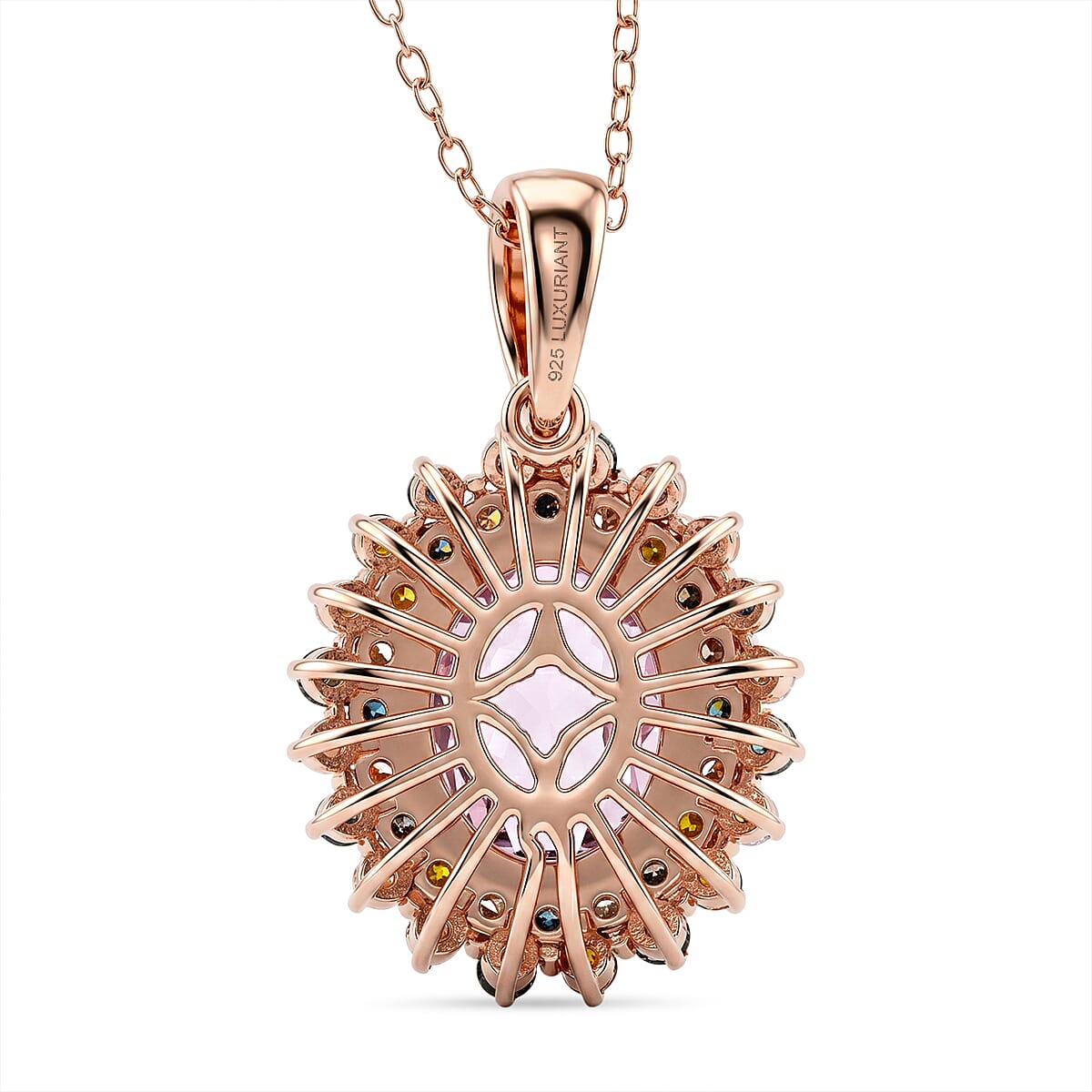 Premium Martha Rocha Kunzite and Luxuriant Lab Grown Multi Diamond SI 4.40 ctw Blush Floral Burst Pendant Necklace in 18K Vermeil Rose Gold Over Sterling Silver 20 Inches