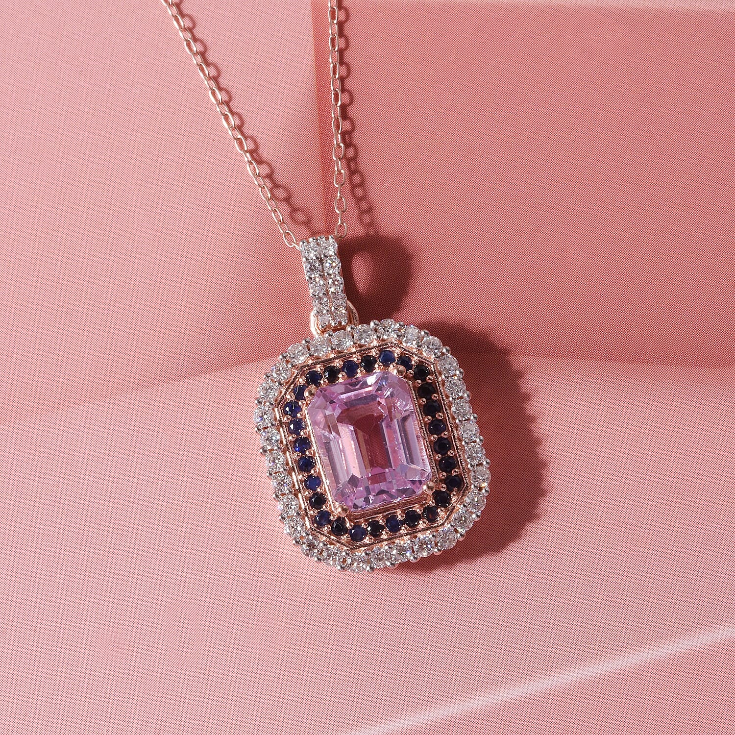D'Joy Premium Martha Rocha Kunzite and Multi Gemstone 3.90 ctw Blush Mosaic Halo Pendant Necklace in 18K Vermeil Rose Gold Over Sterling Silver 20 Inches
