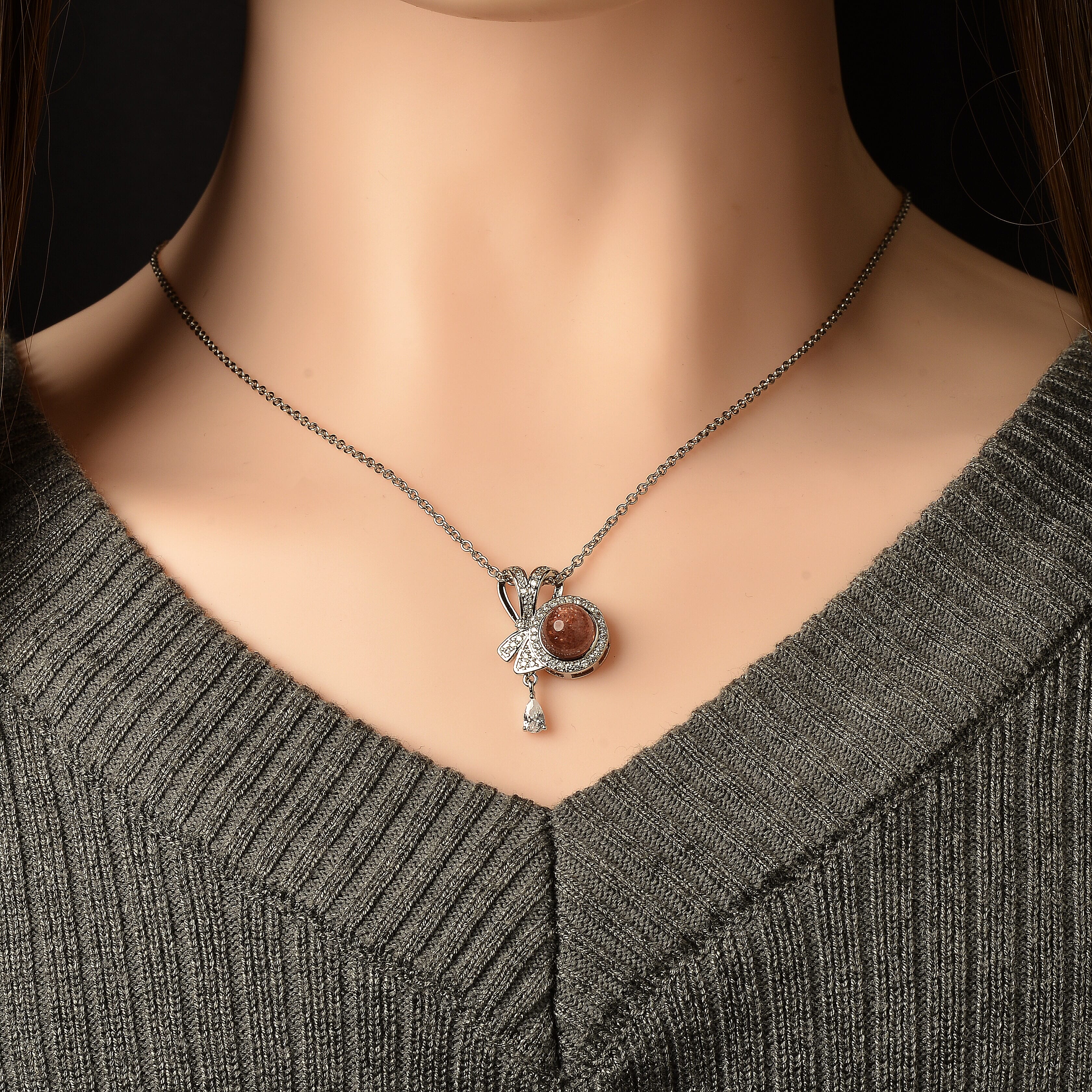 Strawberry Quartz and Simulated Diamond 4.50 ctw Pendant in Silvertone with Stainless Steel Necklace (20 Inches)