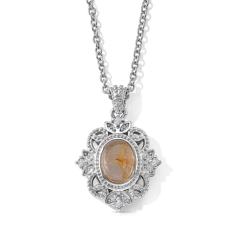 Golden Rutilated Quartz and Simulated Diamond 3.50 ctw Pendant in Silvertone with Stainless Steel Necklace (20 Inches)