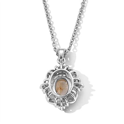 Golden Rutilated Quartz and Simulated Diamond 3.50 ctw Pendant in Silvertone with Stainless Steel Necklace (20 Inches)