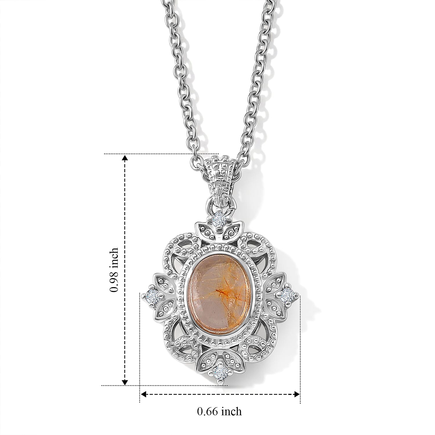 Golden Rutilated Quartz and Simulated Diamond 3.50 ctw Pendant in Silvertone with Stainless Steel Necklace (20 Inches)