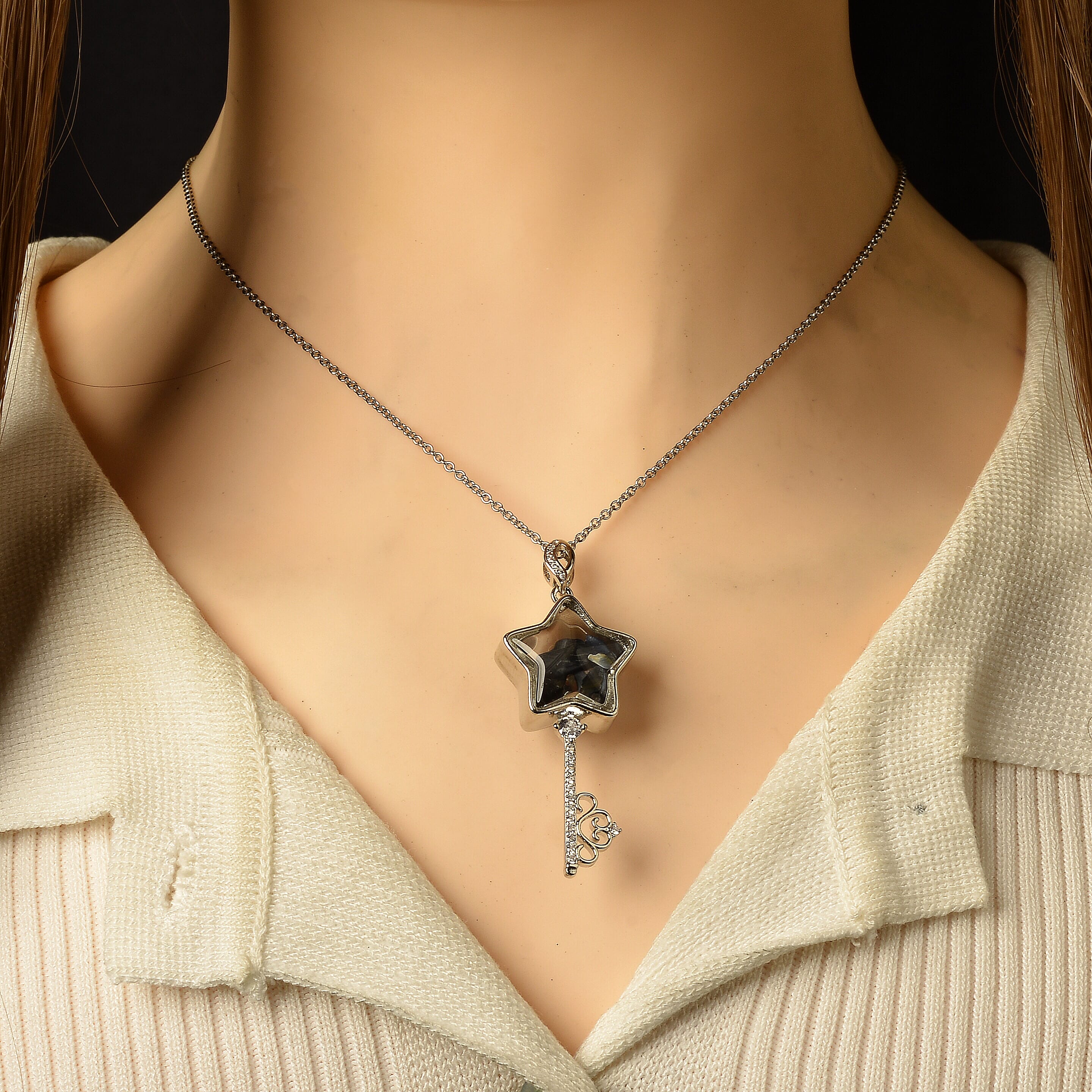 Pietersite and Simulated Diamond 36.00 ctw Pendant in Silvertone with Stainless Steel Necklace (20 inches)
