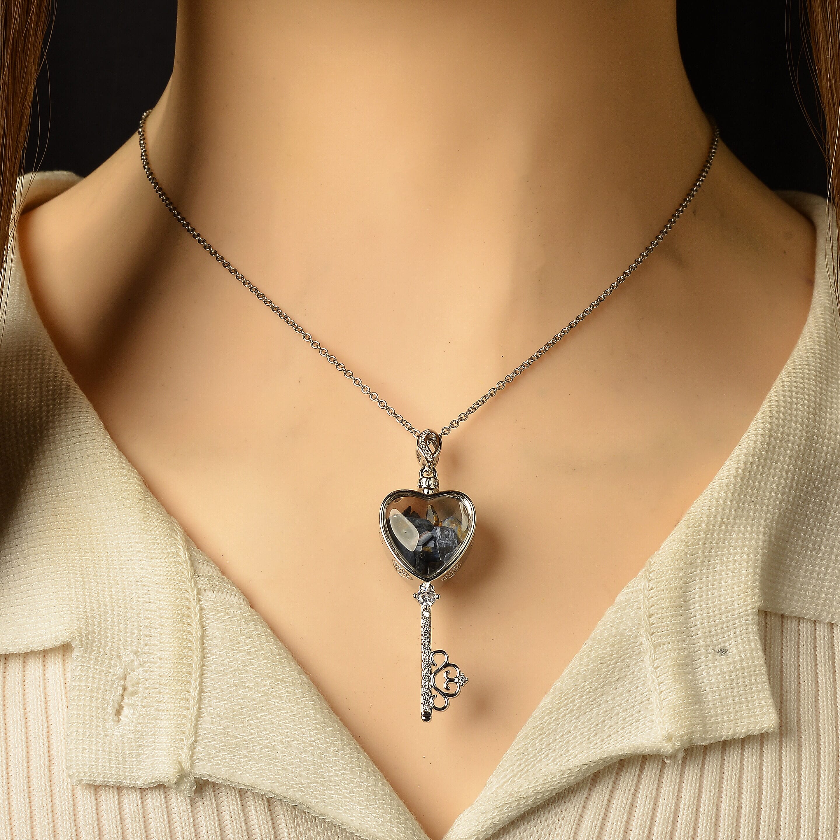 Pietersite and Simulated Diamond 36.00 ctw Pendant in Silvertone with Stainless Steel Necklace (20 inches)