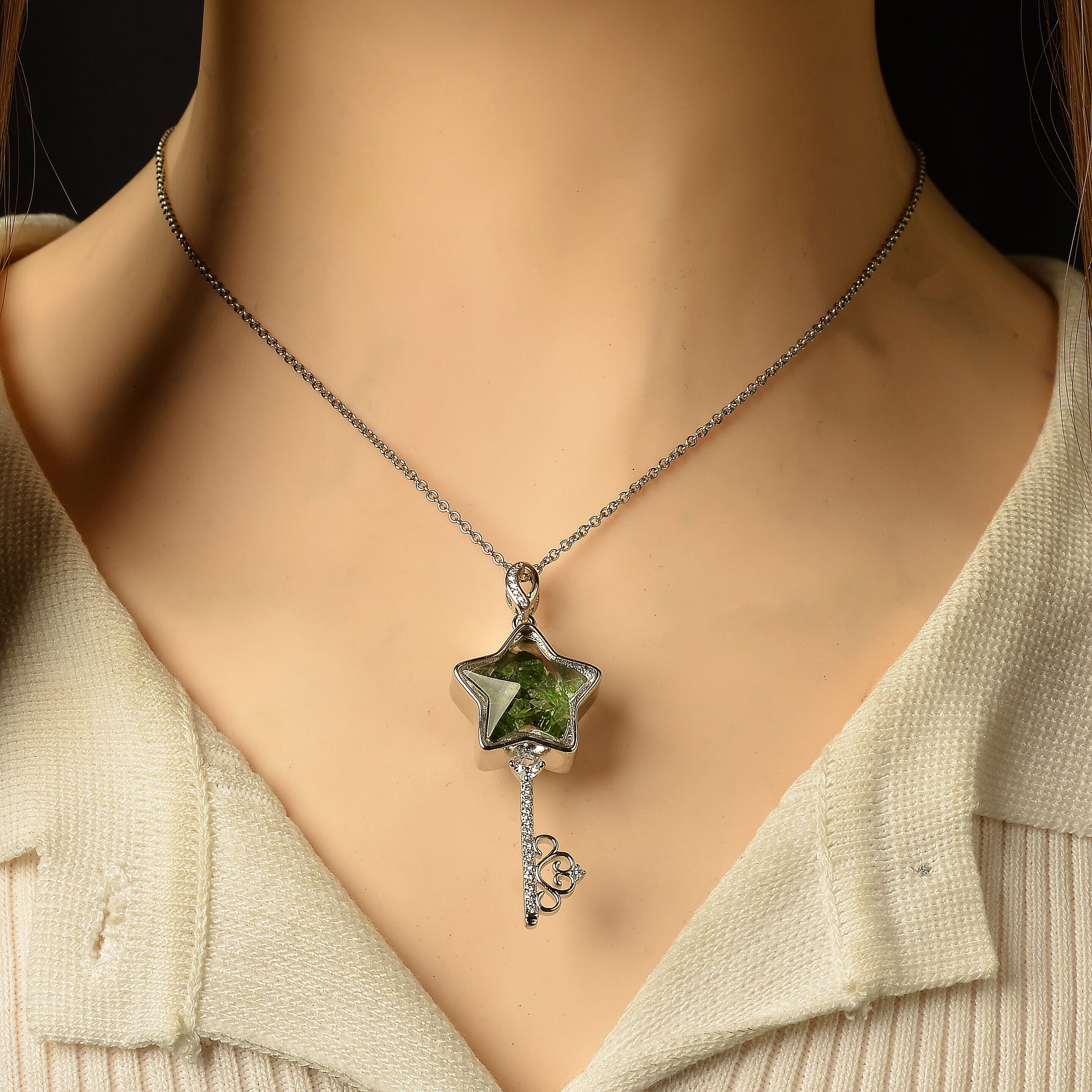 Chrome Diopside and Simulated Diamond 36.00 ctw Pendant in Silvertone with Stainless Steel Necklace (20 inches)