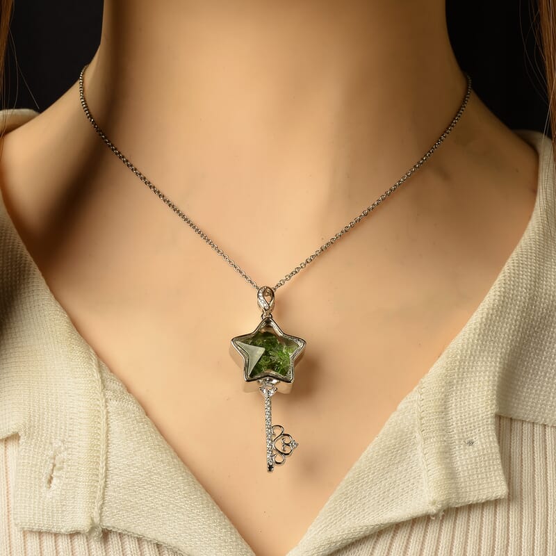Chrome Diopside and Simulated Diamond 36.00 ctw Pendant in Silvertone with Stainless Steel Necklace (20 inches)