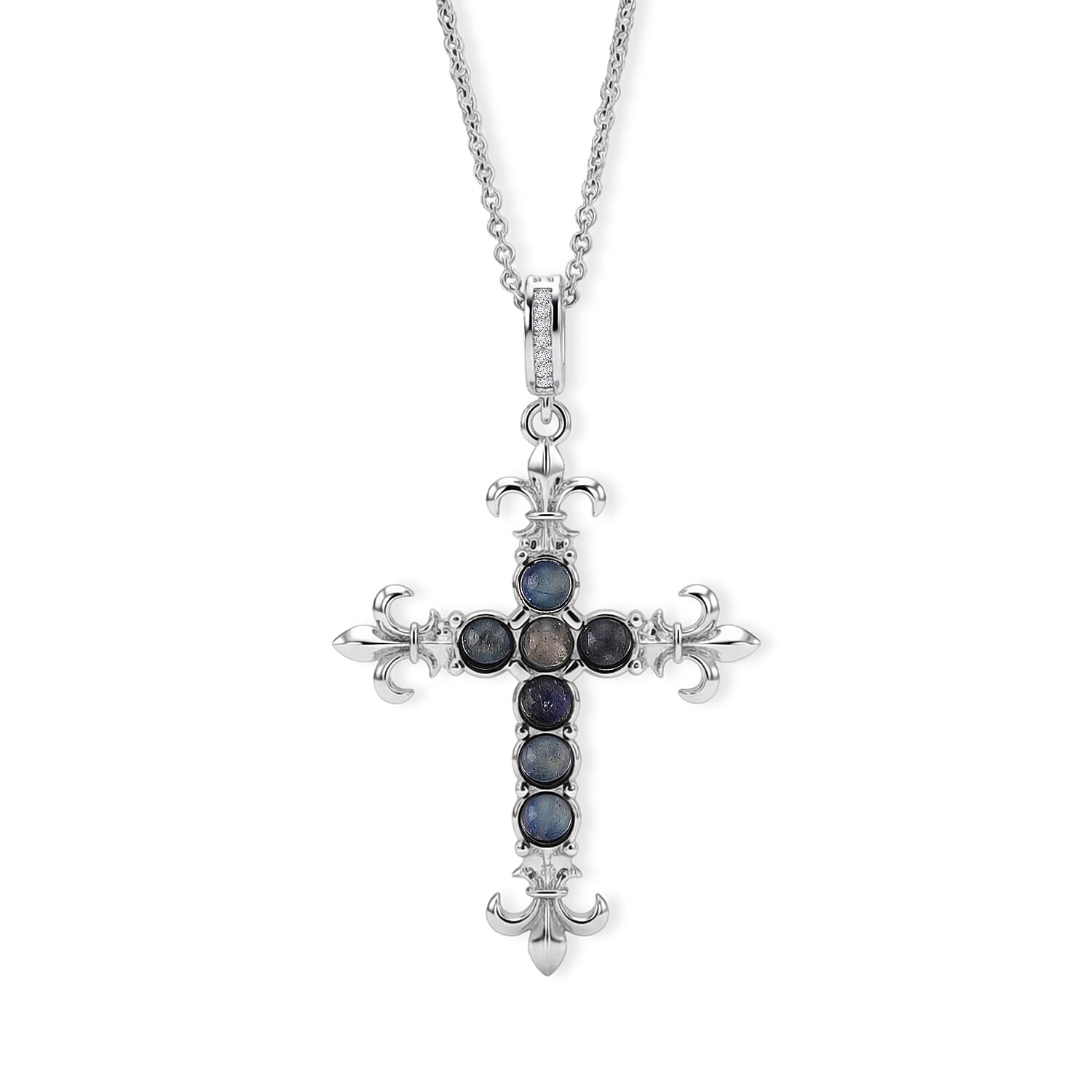Malagasy Labradorite and Simulated Diamond 6.00 ctw Pendant in Silvertone with Stainless Steel Necklace (20 Inches)
