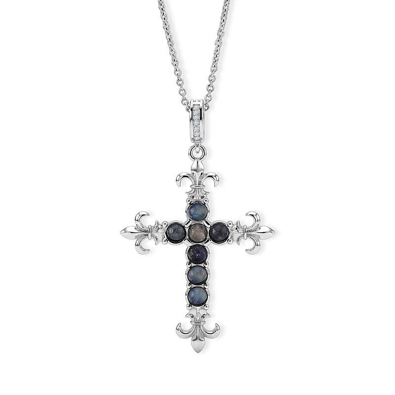Malagasy Labradorite and Simulated Diamond 6.00 ctw Pendant in Silvertone with Stainless Steel Necklace (20 Inches)