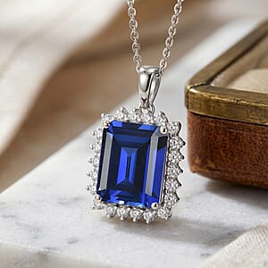 D'Joy Lab Grown Ceylon Blue Sapphire and Moissanite 9.25 ctw Pendant Necklace in Rhodium Over Sterling Silver 20 Inches