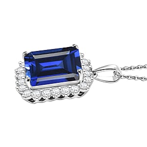 D'Joy Lab Grown Ceylon Blue Sapphire and Moissanite 9.25 ctw Pendant Necklace in Rhodium Over Sterling Silver 20 Inches