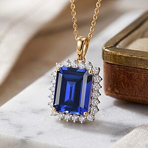 D'Joy Lab Grown Ceylon Blue Sapphire and Moissanite 9.25 ctw Pendant Necklace in 18K Vermeil Yellow Gold Over Sterling Silver 20 Inches