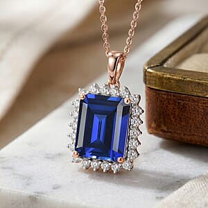 D'Joy Lab Grown Ceylon Blue Sapphire and Moissanite 9.25 ctw Pendant Necklace in 18K Vermeil Rose Gold Over Sterling Silver 20 Inches