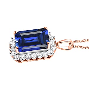 D'Joy Lab Grown Ceylon Blue Sapphire and Moissanite 9.25 ctw Pendant Necklace in 18K Vermeil Rose Gold Over Sterling Silver 20 Inches
