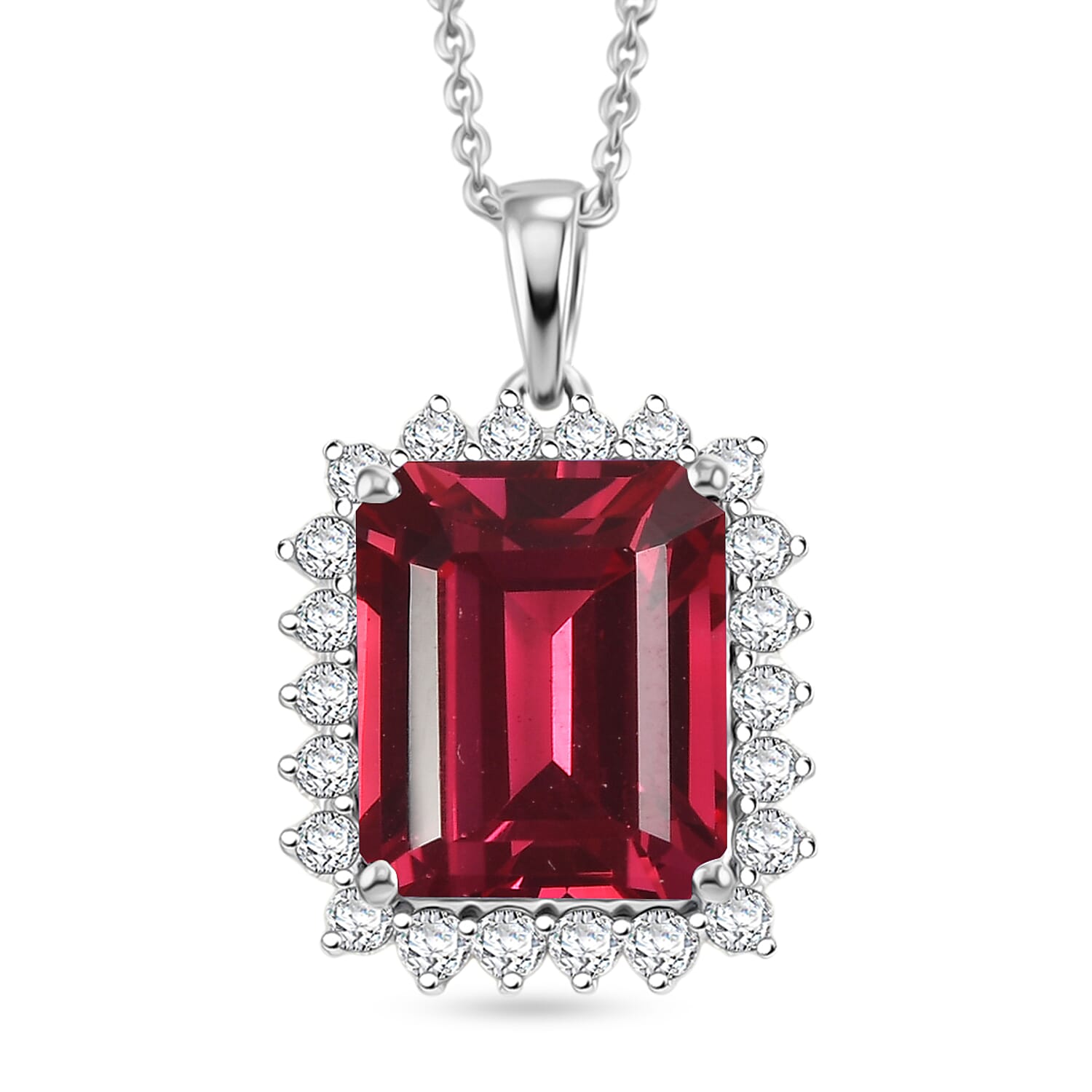D'Joy Lab Grown Padparadscha Sapphire and Moissanite 9.25 ctw Pendant Necklace in Rhodium Over Sterling Silver 20 Inches