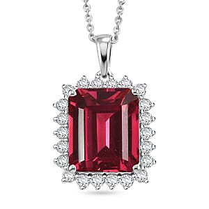 D'Joy Lab Grown Padparadscha Sapphire and Moissanite 9.25 ctw Pendant Necklace in Rhodium Over Sterling Silver 20 Inches
