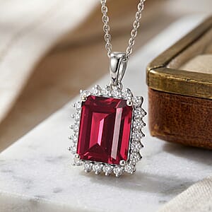 D'Joy Lab Grown Padparadscha Sapphire and Moissanite 9.25 ctw Pendant Necklace in Rhodium Over Sterling Silver 20 Inches