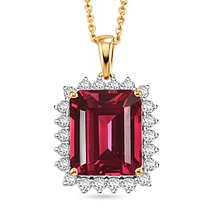 D'Joy Lab Grown Padparadscha Sapphire and Moissanite 9.25 ctw Pendant Necklace in 18K Vermeil Yellow Gold Over Sterling Silver 20 Inches