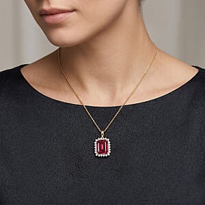 D'Joy Lab Grown Padparadscha Sapphire and Moissanite 9.25 ctw Pendant Necklace in 18K Vermeil Yellow Gold Over Sterling Silver 20 Inches