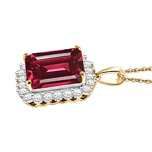 D'Joy Lab Grown Padparadscha Sapphire and Moissanite 9.25 ctw Pendant Necklace in 18K Vermeil Yellow Gold Over Sterling Silver 20 Inches