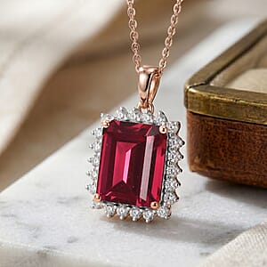 D'Joy Lab Grown Padparadscha Sapphire and Moissanite 9.25 ctw Pendant Necklace in 18K Vermeil Rose Gold Over Sterling Silver 20 Inches