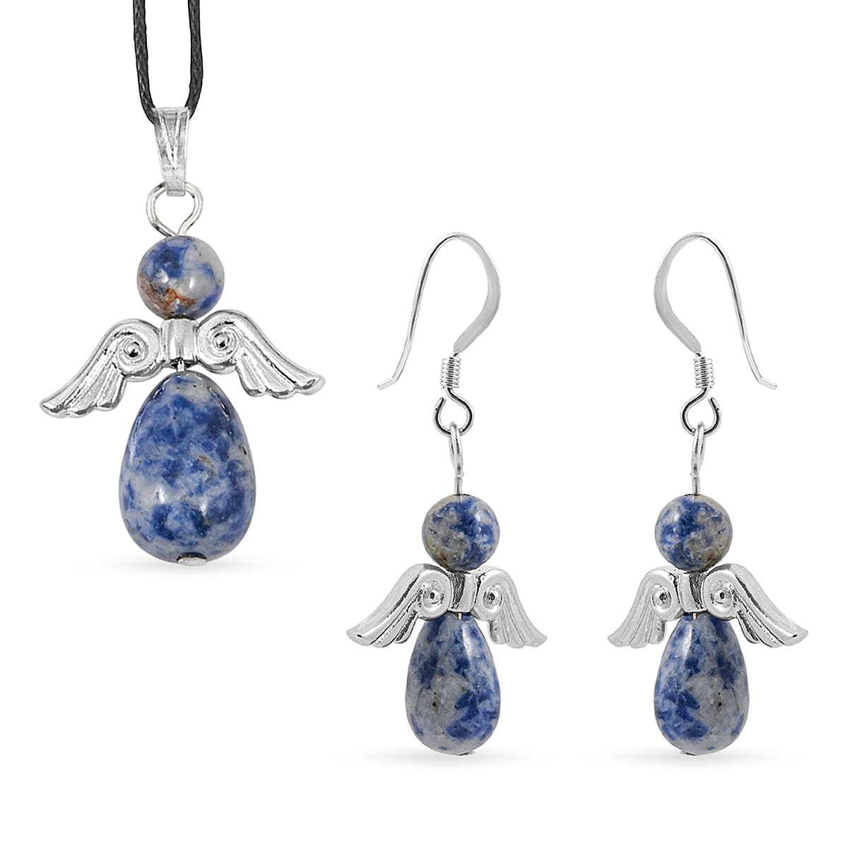 Angel Brazil Sodalite 19.65 ctw Earrings and Pendant Necklace in Silvertone 24 Inches