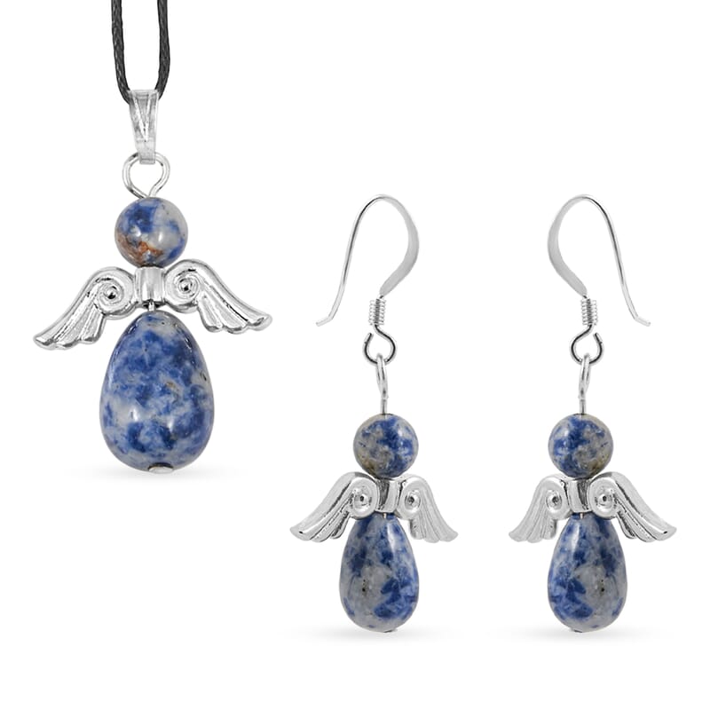 Angel Brazil Sodalite 19.65 ctw Earrings and Pendant Necklace in Silvertone 24 Inches