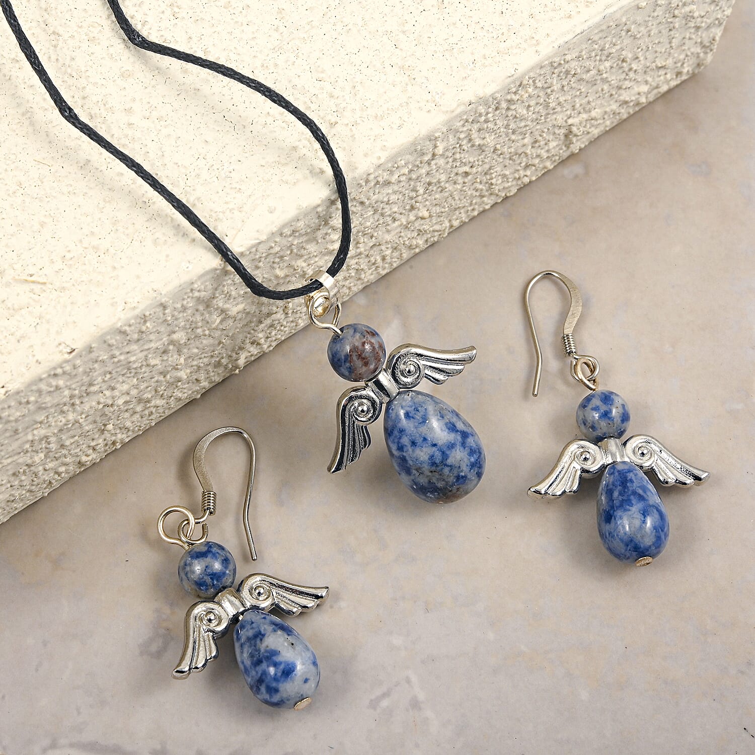 Angel Brazil Sodalite 19.65 ctw Earrings and Pendant Necklace in Silvertone 24 Inches