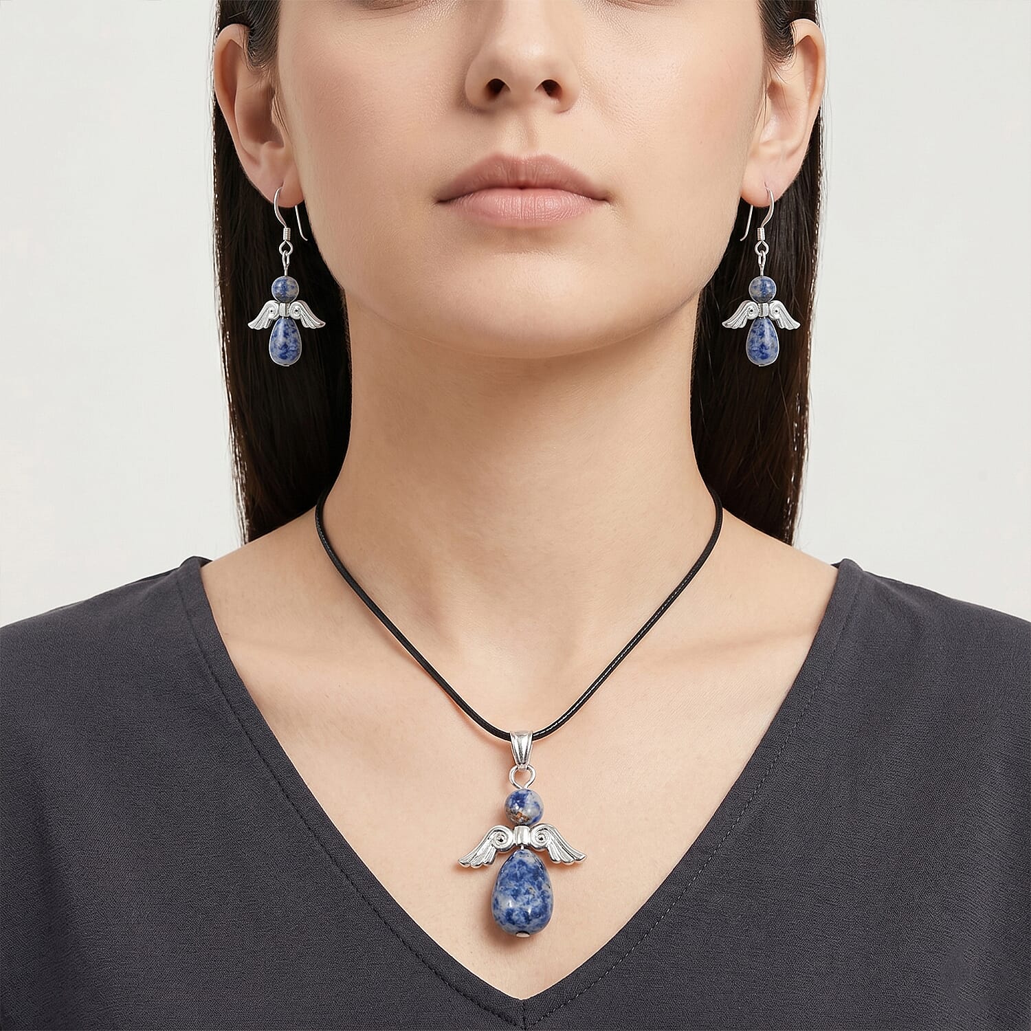 Angel Brazil Sodalite 19.65 ctw Earrings and Pendant Necklace in Silvertone 24 Inches
