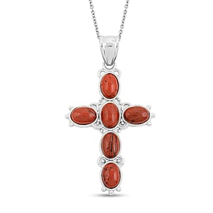 Cross Oval Red Japser 6.00 ctw Pendant in Silvertone with Stainless Steel Necklace 20 Inches