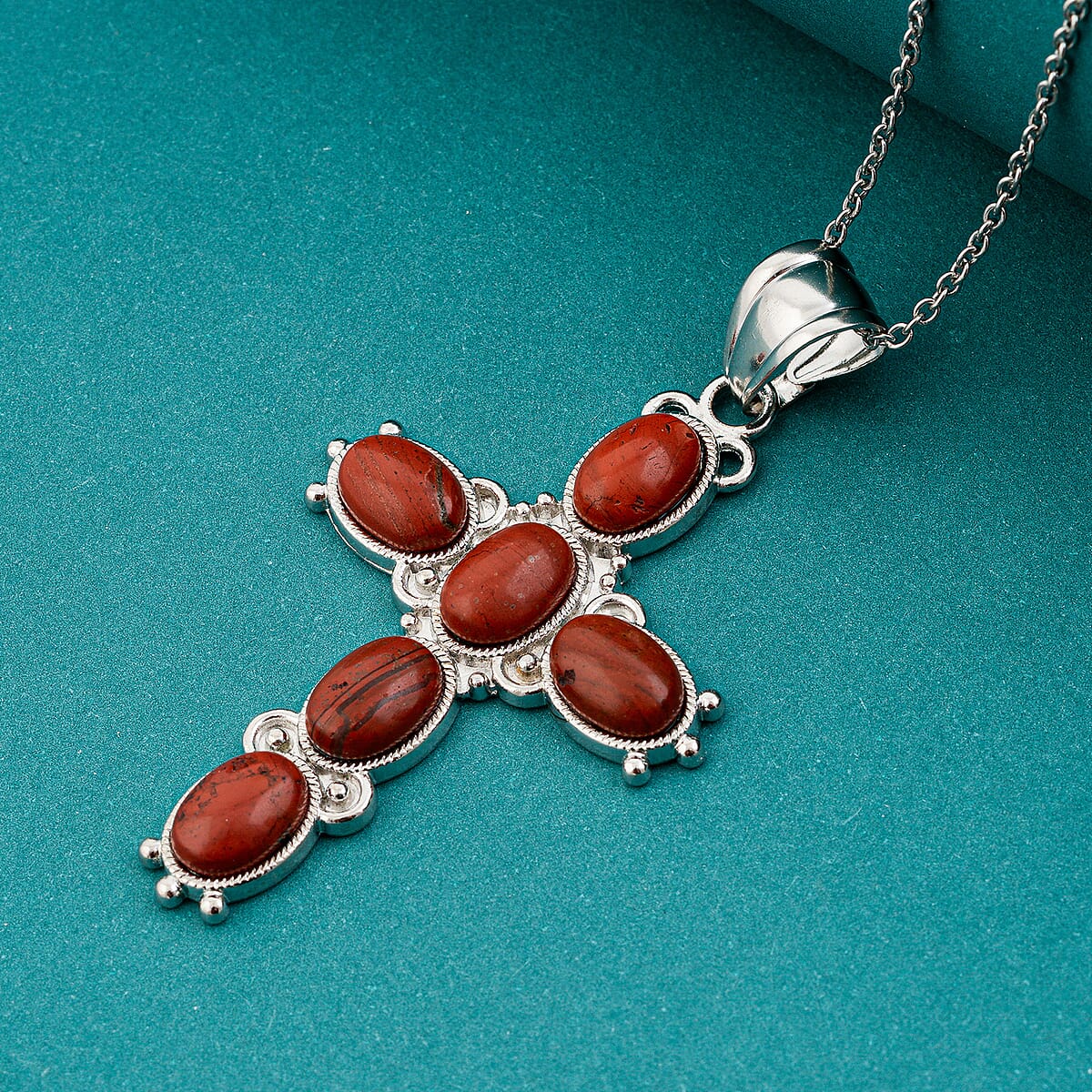Cross Oval Red Japser 6.00 ctw Pendant in Silvertone with Stainless Steel Necklace 20 Inches image number 1
