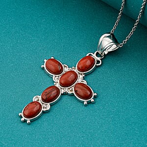 Cross Oval Red Japser 6.00 ctw Pendant in Silvertone with Stainless Steel Necklace 20 Inches