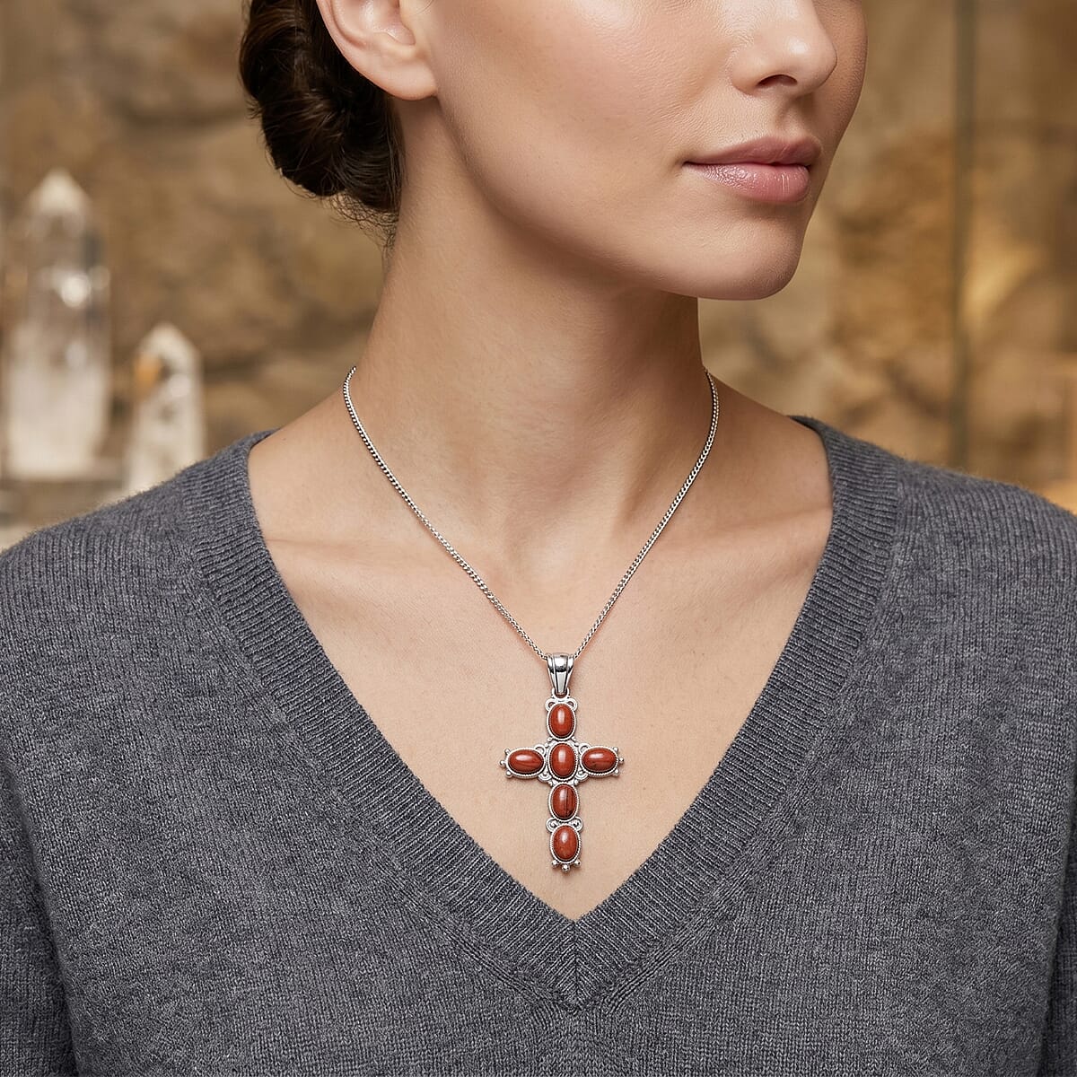 Cross Oval Red Japser 6.00 ctw Pendant in Silvertone with Stainless Steel Necklace 20 Inches image number 2