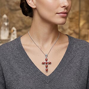 Cross Oval Red Japser 6.00 ctw Pendant in Silvertone with Stainless Steel Necklace 20 Inches