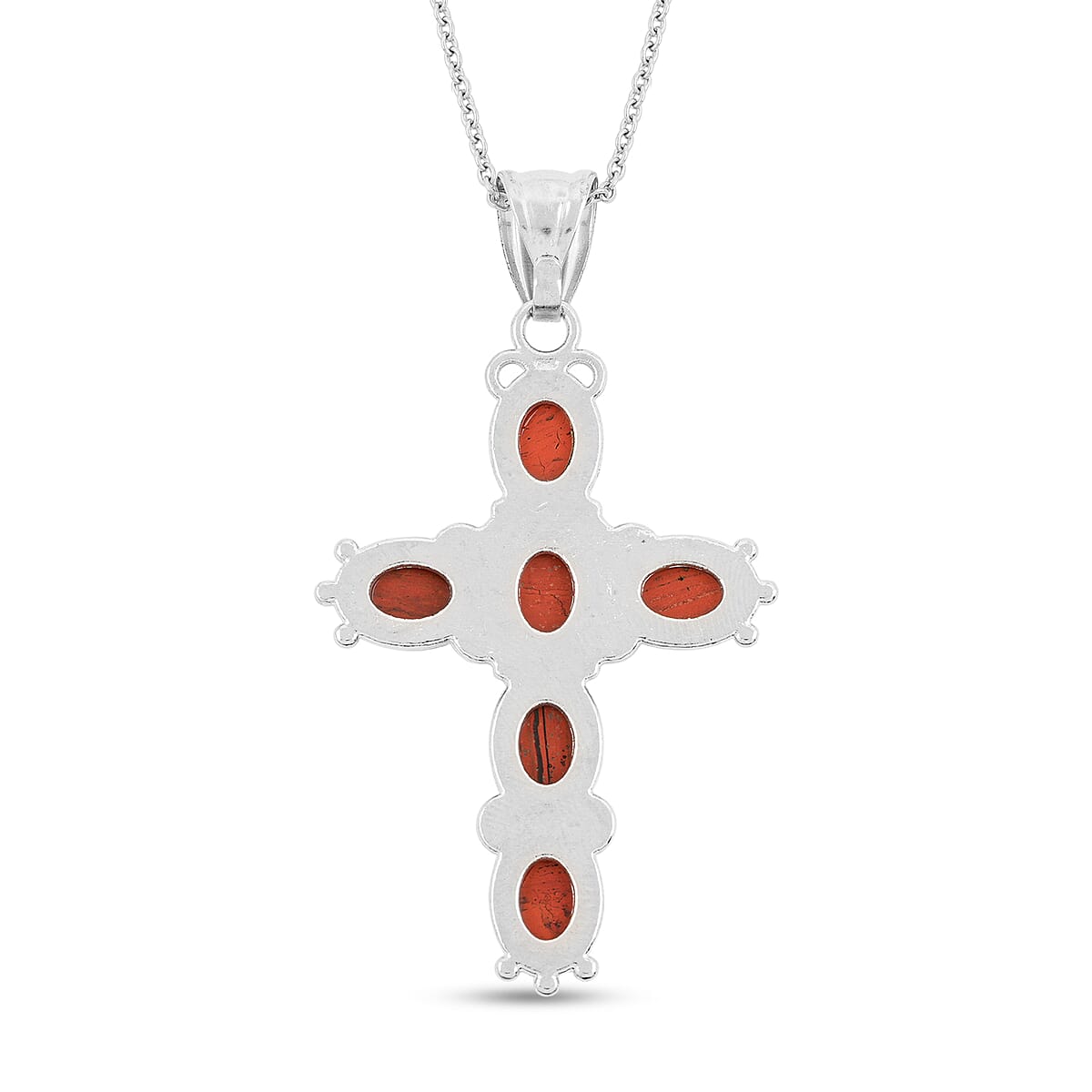 Cross Oval Red Japser 6.00 ctw Pendant in Silvertone with Stainless Steel Necklace 20 Inches image number 3