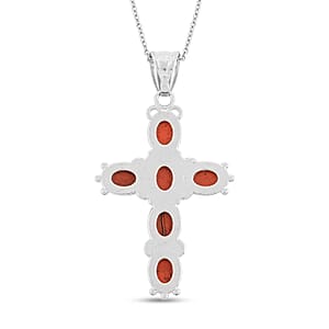 Cross Oval Red Japser 6.00 ctw Pendant in Silvertone with Stainless Steel Necklace 20 Inches